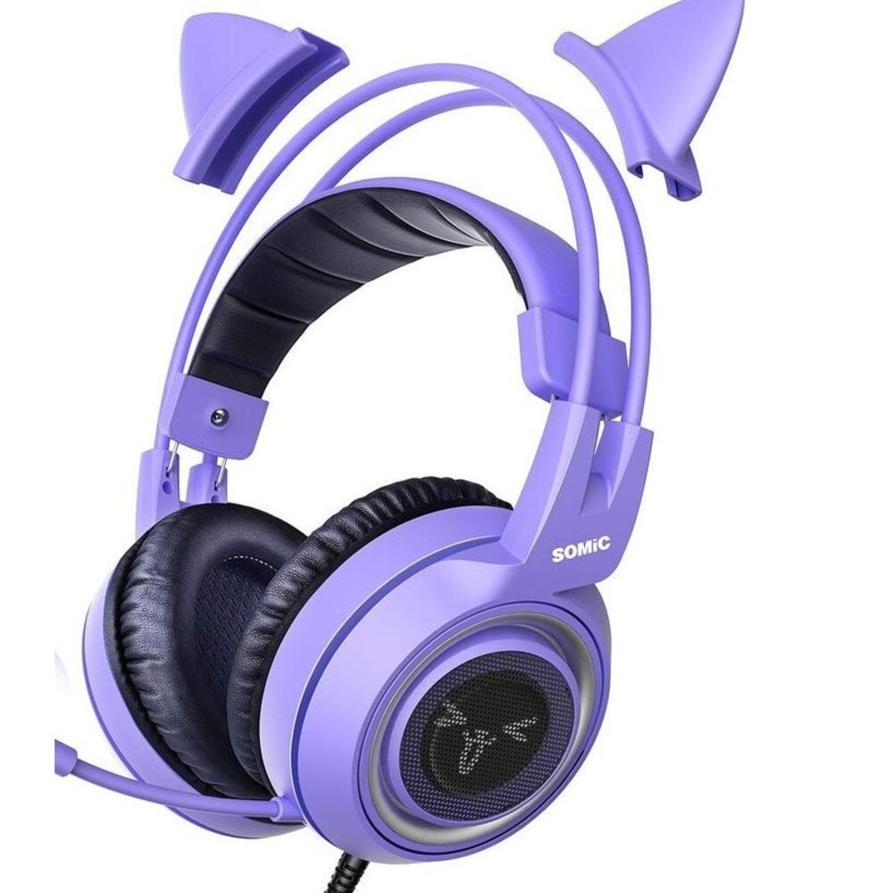 SOMIC G951S Purple Gaming Headset Cat Ear Mic PS5 Xbox PC 3.5mm Noise Cancel